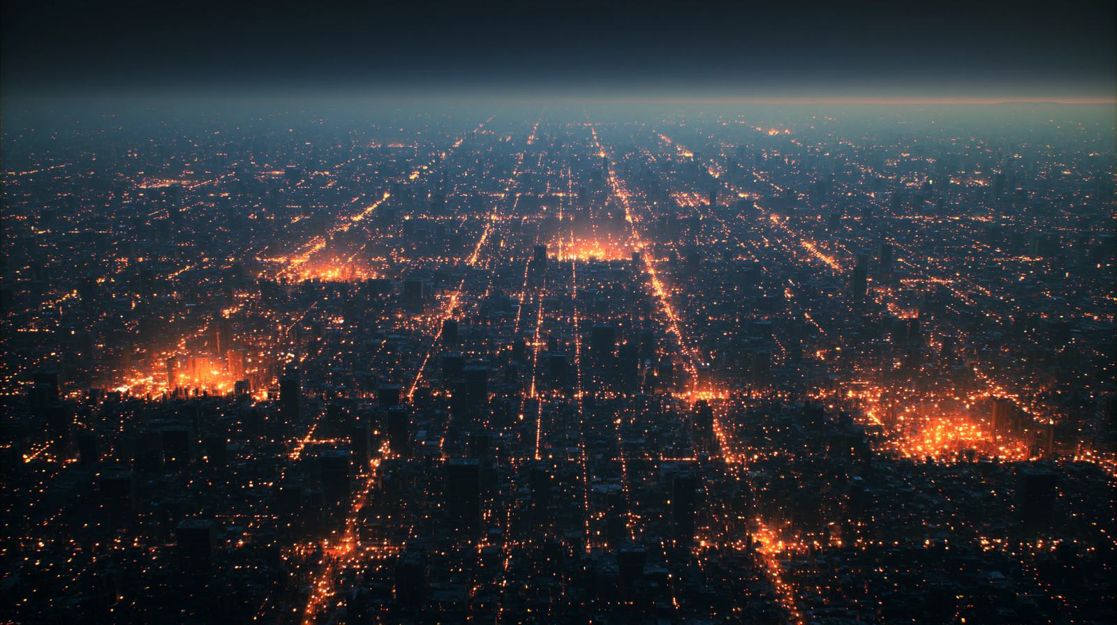 An aerial view of a city at night, the street grid lit amber for miles with dark unlit ground between.