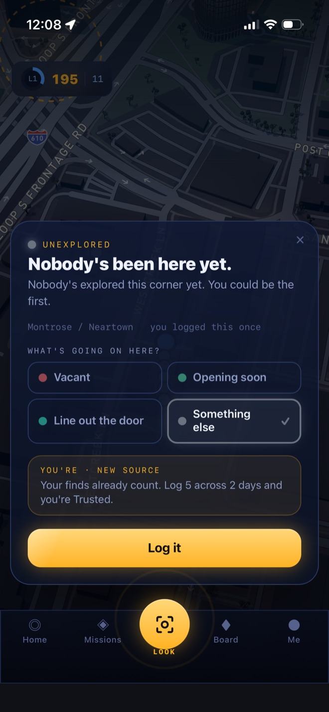 The ExplōR capture sheet open on a block nobody has logged, reading Nobody has been here yet